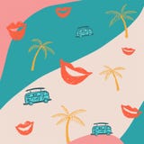 Abstract background with red lips and palm trees and buses vector illustration Abstract background with red lips and palm trees and buses vector illustration
