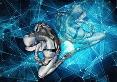 Abstract Unique Artistic 3d Computer Generated Illustration Of A Sad Artificial Intelligent Man Setting In Defeat On A Modern vector illustration Abstract Unique Artistic 3d Computer Generated Illustration Of A Sad Artificial Intelligent Man Setting In Defeat On A Modern vector illustration