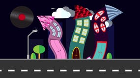 An abstract dancing city in a flat style with a vinyl plate, a sun-smect with curved houses at night with trees and bushes, clouds royalty free illustration An abstract dancing city in a flat style with a vinyl plate, a sun-smect with curved houses at night with trees and bushes, clouds royalty free illustration