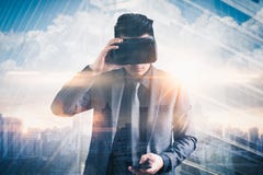 The abstract double exposure image of businessman using a smart glasses or vr glasses overlay with virtual hologram image. the con royalty free stock images The abstract double exposure image of businessman using a smart glasses or vr glasses overlay with virtual hologram image. the con royalty free stock images