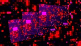 Abstract flying credit cards on the background of flickering small rows of squares. Motion. New beautiful stylized