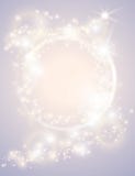 Abstract glow light spark circle frame bright Christmas background. Sparkling festive design poster. Glitter magic round border