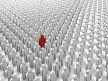 Abstract individuality, uniqueness and leadership business concept: single red 3D people figure in crowded group of white figures. stock illustration Abstract individuality, uniqueness and leadership business concept: single red 3D people figure in crowded group of white figures. stock illustration