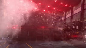 Abstract industrial factory shop with red lights turned on and the smoke, emergency situation. Work shop in unsafe stock video footage Abstract industrial factory shop with red lights turned on and the smoke, emergency situation. Work shop in unsafe stock video footage