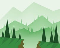 Abstract landscape design with green trees, hills, fog and a chasm, flat style stock illustration Abstract landscape design with green trees, hills, fog and a chasm, flat style stock illustration