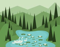 Abstract landscape design with green trees, hills and fog, geese swimming in a lake with waterlilies, flat style vector illustration Abstract landscape design with green trees, hills and fog, geese swimming in a lake with waterlilies, flat style vector illustration
