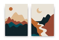 Abstract landscape posters. Contemporary boho background set, modern sun moon mountains minimalist wall decor. Vector art print