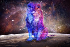 Abstract Multicolored Lion Sitting On Top Of een Kleurrijke Bol met een Melkweg op de Achtergrond royalty-vrije illustratie Abstract Multicolored Lion Sitting On Top Of een Kleurrijke Bol met een Melkweg op de Achtergrond royalty-vrije illustratie