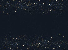 Abstract navy blue blurred background with bokeh and gold glitter header footers. Copy space.