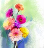 Abstract oil painting of spring flower. Still life of yellow, pink and red gerbera stock illustration Abstract oil painting of spring flower. Still life of yellow, pink and red gerbera stock illustration