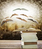 Abstract of open book on stack and flying book to the light over Stock Photography Abstract of open book on stack and flying book to the light over Stock Photography