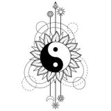 Abstract pattern with Yin and Yang sun, moon, star and geometric elements on white background vector illustration Abstract pattern with Yin and Yang sun, moon, star and geometric elements on white background vector illustration