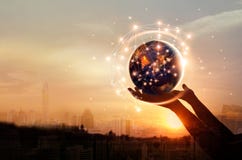 Abstract science, hands touching earth and circle global network royalty free stock photo Abstract science, hands touching earth and circle global network royalty free stock photo