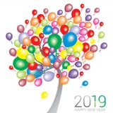 Abstract tree with multi color balloons with the text Happy New Year 2019. On an isolated white background stock illustration Abstract tree with multi color balloons with the text Happy New Year 2019. On an isolated white background stock illustration
