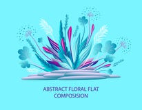Abstracte bloemen vlakke samenstelling met installaties en stenen in blauwe sering stock illustratie Abstracte bloemen vlakke samenstelling met installaties en stenen in blauwe sering stock illustratie
