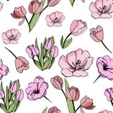 Abstrakcjonistyczna botaniczna bezszwowa tekstura z tulipanami ilustracja wektor Abstrakcjonistyczna botaniczna bezszwowa tekstura z tulipanami ilustracja wektor