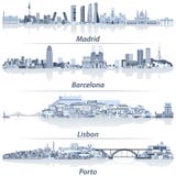 Abstrakcjonistyczna wektorowa ilustracja Madryt, Barcelona, Lisbon i Porto miasto, linie horyzontu w bławej koloru palecie z wodn royalty ilustracja Abstrakcjonistyczna wektorowa ilustracja Madryt, Barcelona, Lisbon i Porto miasto, linie horyzontu w bławej koloru palecie z wodn royalty ilustracja