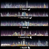 Abstrakcjonistyczne wektorowe ilustracje Dubaj, Abu Dhabi, Doha, Riyadh i Kuwejt miasto, linie horyzontu przy nocą royalty ilustracja Abstrakcjonistyczne wektorowe ilustracje Dubaj, Abu Dhabi, Doha, Riyadh i Kuwejt miasto, linie horyzontu przy nocą royalty ilustracja
