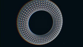 Abstrakt form, vit beståndsdel i wireframehologramstil som roterar på svart bakgrund med små vita prickar stock illustrationer Abstrakt form, vit beståndsdel i wireframehologramstil som roterar på svart bakgrund med små vita prickar stock illustrationer