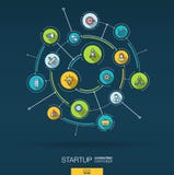 Abstrakt startup projekt, utvecklingsbakgrund Digital förbinder systemet med inbyggda cirklar, plana symboler för färg vektor illustrationer Abstrakt startup projekt, utvecklingsbakgrund Digital förbinder systemet med inbyggda cirklar, plana symboler för färg vektor illustrationer