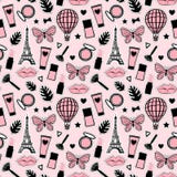 Abstrakt sömlös modellmodestil Kosmetisk handteckning Paris Eiffeltorn Rosa färger för klistermärkear för vektorillustration flic stock illustrationer Abstrakt sömlös modellmodestil Kosmetisk handteckning Paris Eiffeltorn Rosa färger för klistermärkear för vektorillustration flic stock illustrationer