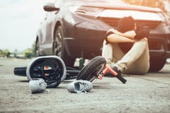 Accident that occurred man who drank alcohol and drunk stress with crash child bike on the ground royalty free stock photography Accident that occurred man who drank alcohol and drunk stress with crash child bike on the ground royalty free stock photography