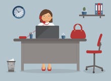 Accountant or office worker on the working place in the office on blue background.Vector illustration. Table,clock,cup of coffee, vector illustration Accountant or office worker on the working place in the office on blue background.Vector illustration. Table,clock,cup of coffee, vector illustration