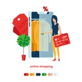 Achats mobiles Une femme ouvre le smartphone pour acheter un manteau jaune illustration de vecteur Achats mobiles Une femme ouvre le smartphone pour acheter un manteau jaune illustration de vecteur