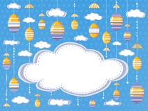 Achtergrond of de affiche van Pasen de feestelijke met wolken en hangende decoratieve eieren op de hemelachtergrond met lege ruim stock illustratie Achtergrond of de affiche van Pasen de feestelijke met wolken en hangende decoratieve eieren op de hemelachtergrond met lege ruim stock illustratie