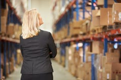 Achtermening van Vrouwelijke Manager In Warehouse stock afbeeldingen Achtermening van Vrouwelijke Manager In Warehouse stock afbeeldingen