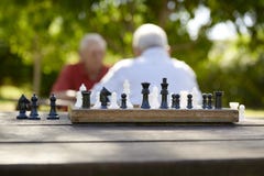 Active retired people, two old friends playing chess at park