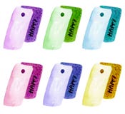 Acuarela multicolora fijada con la mano dibujada con las etiquetas amarillas, rosadas, azules, verdes aisladas en el fondo blanco libre illustration Acuarela multicolora fijada con la mano dibujada con las etiquetas amarillas, rosadas, azules, verdes aisladas en el fondo blanco libre illustration