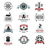 Adatti il logo nautico che naviga l'etichetta di tema o l'icona con l'elemento del volante della corda dell'ancora del segno dell illustrazione vettoriale Adatti il logo nautico che naviga l'etichetta di tema o l'icona con l'elemento del volante della corda dell'ancora del segno dell illustrazione vettoriale