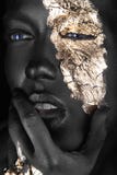 Adatti il ritratto di una ragazza dalla carnagione scura con trucco dell'oro Fronte di bellezza fotografia stock Adatti il ritratto di una ragazza dalla carnagione scura con trucco dell'oro Fronte di bellezza fotografia stock