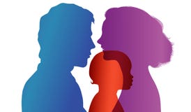 Adoption. Pair of parents adopt a child. Vector color profile silhouette vector illustration Adoption. Pair of parents adopt a child. Vector color profile silhouette vector illustration