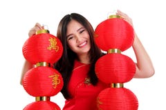 Adorable Asian girl wih red lanterns isolated stock photo Adorable Asian girl wih red lanterns isolated stock photo
