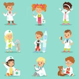 Adorable kids playing doctor set. Smiling little boys and girls dressed vector illustration Adorable kids playing doctor set. Smiling little boys and girls dressed vector illustration