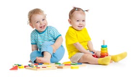 Adorable Kids Playing Educational Toys Isolated Stock Image