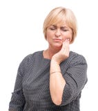 Adult woman, blonde, isolated on white background, gesture of toothache. royalty free stock photos Adult woman, blonde, isolated on white background, gesture of toothache. royalty free stock photos