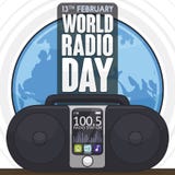 High Tech Boombox over Globe to Celebrate World Radio Day, Vector Illustration stock illustration High Tech Boombox over Globe to Celebrate World Radio Day, Vector Illustration stock illustration