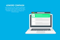 Adword kampania, rewizja marketing, PPC reklamowy sztandar z ikonami i teksty, Wektorowy pojęcie z płaską ilustracją ilustracja wektor Adword kampania, rewizja marketing, PPC reklamowy sztandar z ikonami i teksty, Wektorowy pojęcie z płaską ilustracją ilustracja wektor