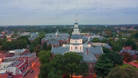 Aerial drone footage of Annapolis at dusk