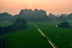 Aerial drone photo - Mountains and rice fields of North Vietnam at sunset. royalty free stock image Aerial drone photo - Mountains and rice fields of North Vietnam at sunset. royalty free stock image