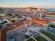 Drone photo - Sunrise over the Alfama District of Lisbon, Portugal stock image Drone photo - Sunrise over the Alfama District of Lisbon, Portugal stock image