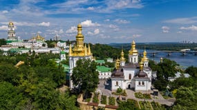 Aerial Drone View Of Kiev Pechersk Lavra Churches On Hills From Above, Cityscape Of Kyiv City, Ukraine Stock Images