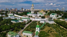 Aerial Drone View Of Kiev Pechersk Lavra Churches On Hills From Above, Cityscape Of Kyiv City, Ukraine Stock Photos