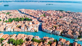 Aerial Drone View Of Venice City Grand Canal, Island Cityscape And Venetian Lagoon From Above, Italy Royalty Free Stock Images Aerial Drone View Of Venice City Grand Canal, Island Cityscape And Venetian Lagoon From Above, Italy Royalty Free Stock Images