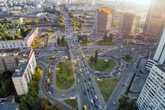 Aerial drone view of two level road junction during rush hour. Traffic jam in busy urban highway with circles. Busy street with lo stock image Aerial drone view of two level road junction during rush hour. Traffic jam in busy urban highway with circles. Busy street with lo stock image