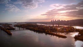 Aerial Footage of Montreal and Jacques-Cartier bridge city in Quebec, Canada