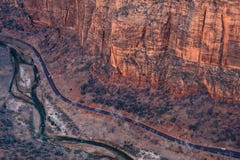 Aerial landscape view of rock cliffs and a road in Zion national royalty free stock image Aerial landscape view of rock cliffs and a road in Zion national royalty free stock image